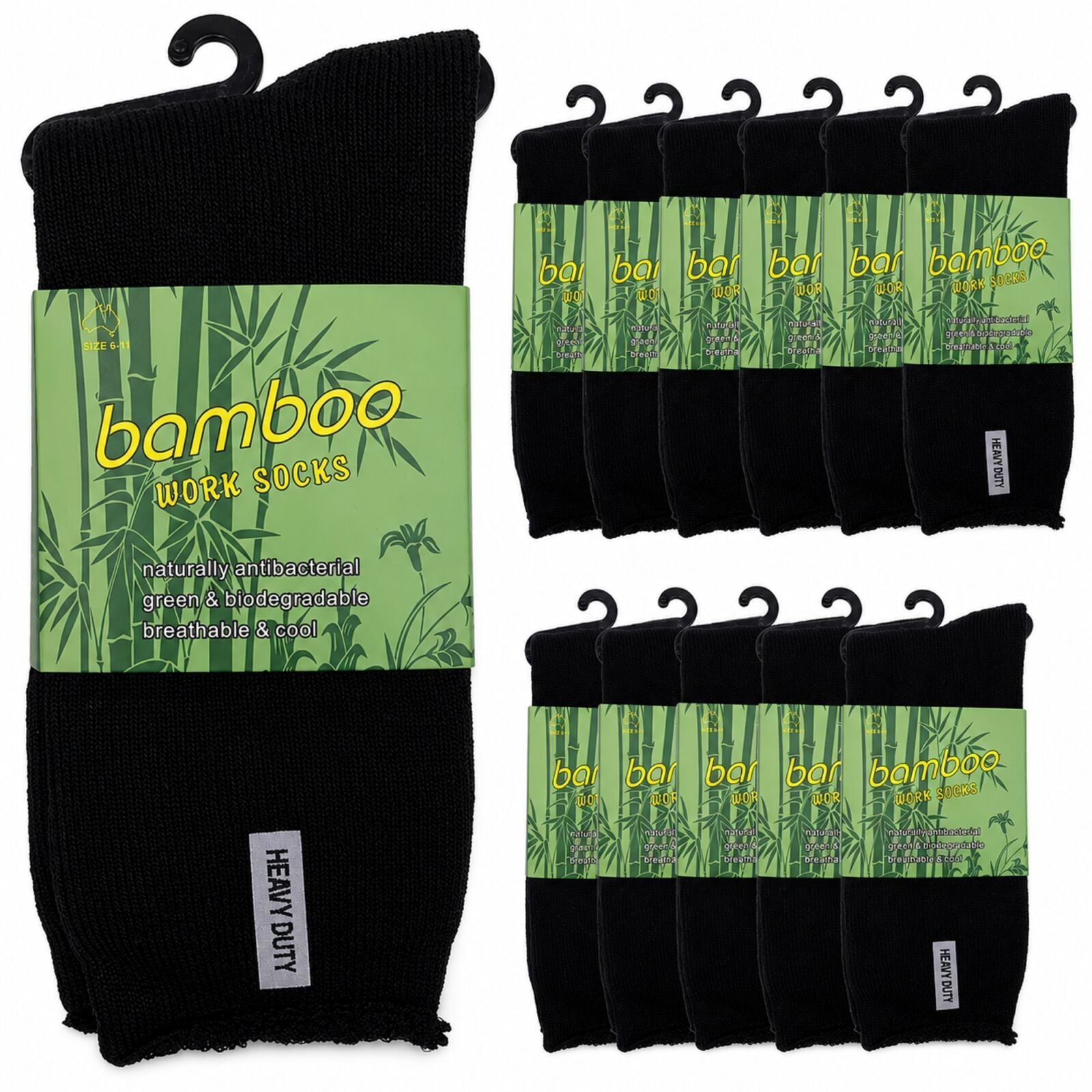 12 Pairs Bamboo Rich Mens Work Socks Thick Cushion Anti Odour - Black - 6-11