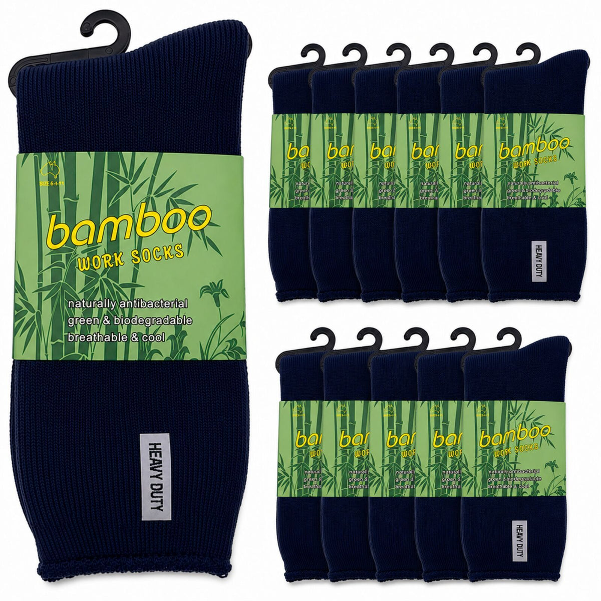 12 Pairs Bamboo Rich Mens Work Socks Thick Cushion Anti Odour - Navy Blue - 6-11
