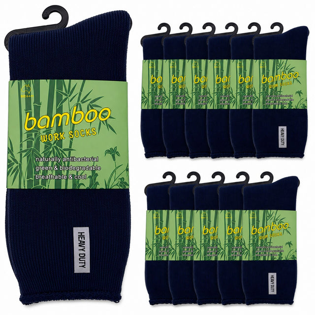 12 Pairs Bamboo Rich Mens Work Socks Thick Cushion Anti Odour - Navy Blue - 6-11