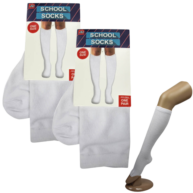 2 Pairs SCHOOL SOCKS Plain Ribbed Knee Cotton Girls White One Size Fits Most