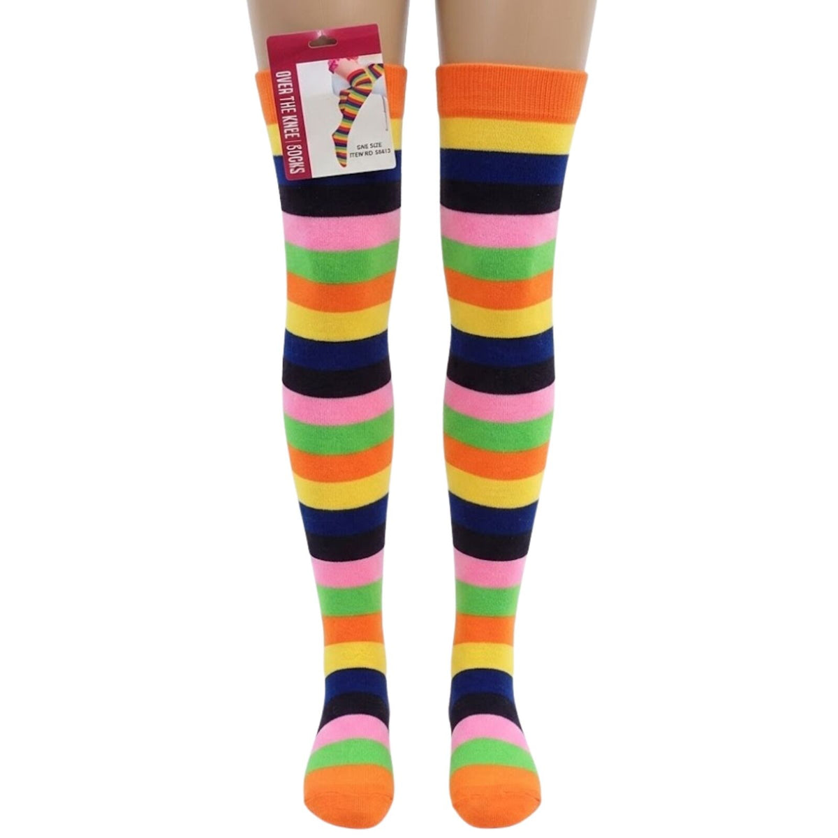 Womens Over Knee Socks Striped Thigh High Stockings Long Stretch - Pink Rainbow