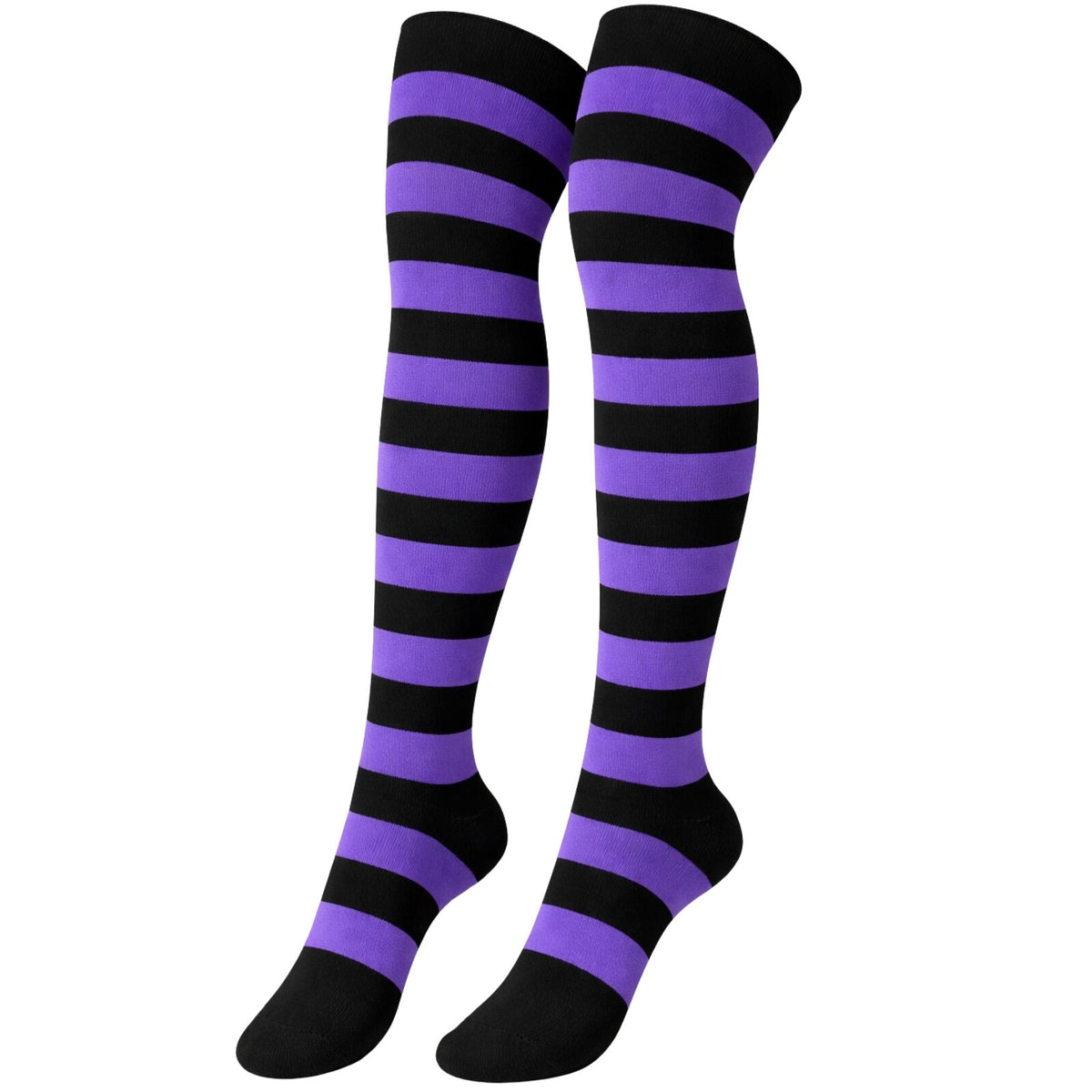Womens Over Knee Socks Striped Thigh High Stockings Long Stretch - Black/Purple
