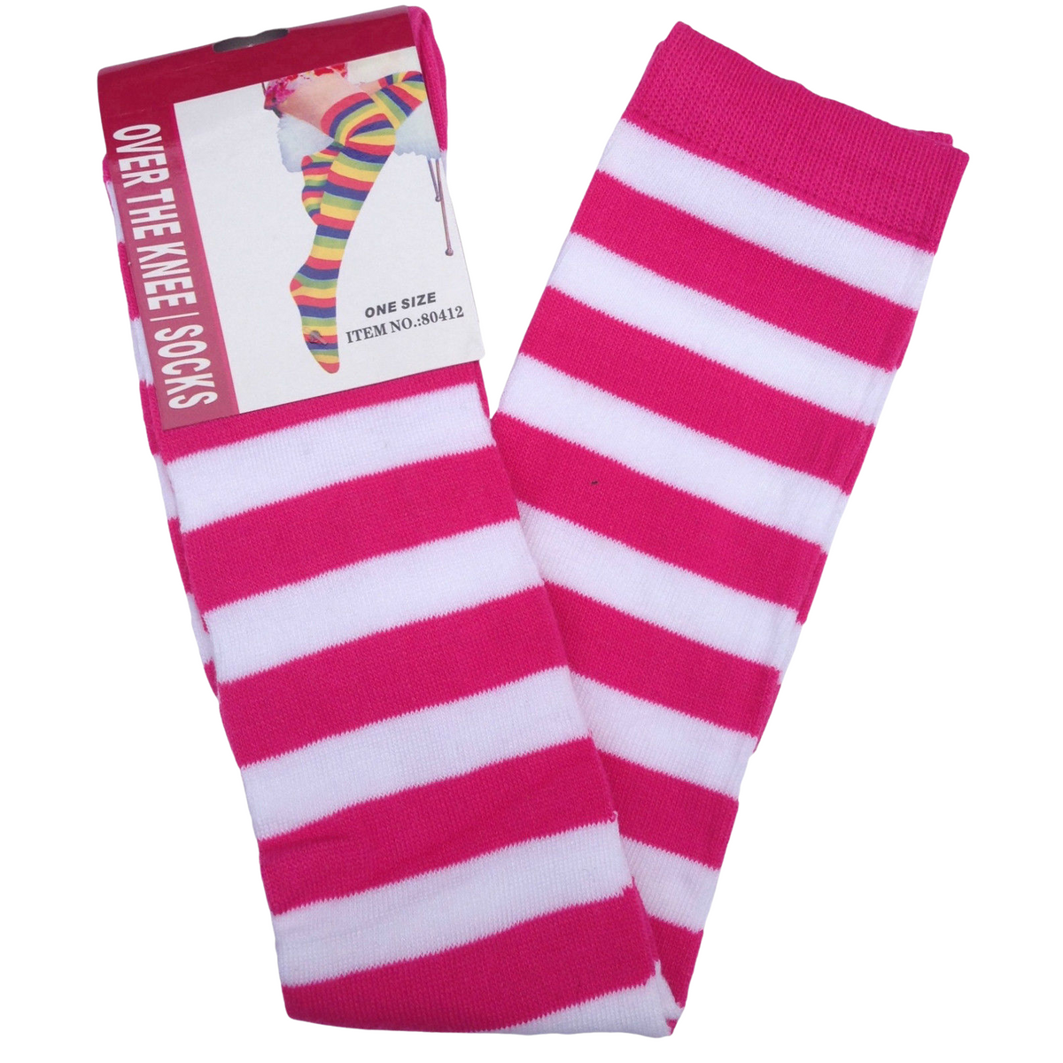 Womens Over Knee Socks Striped Thigh High Stockings Long Stretch - Pink/White