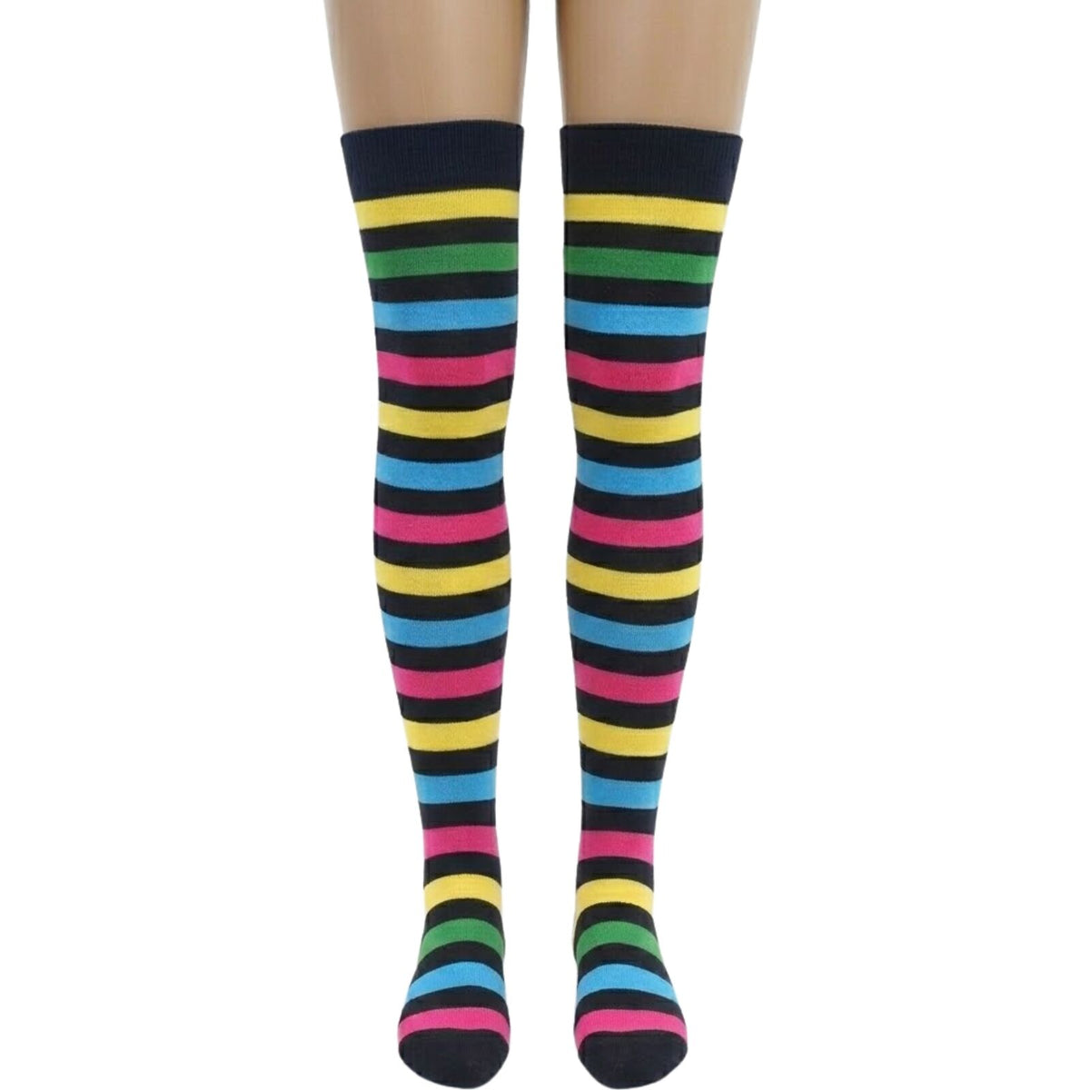 Womens Over Knee Socks Thigh High Stockings Long Stretch - Rainbow/Black Stripe