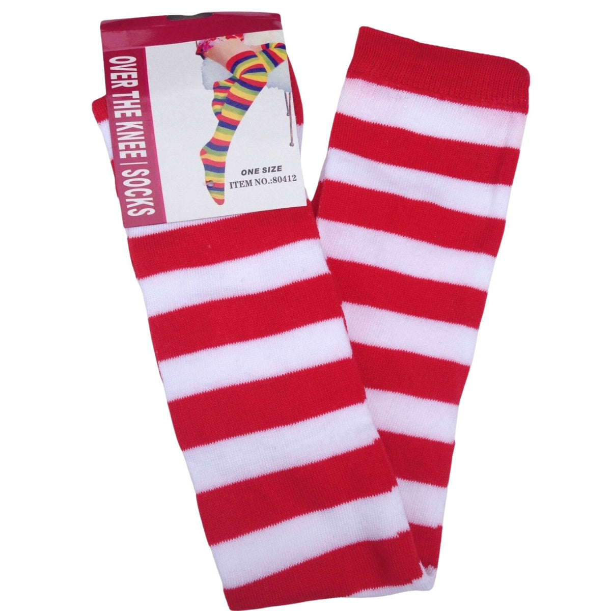 Womens Over Knee Socks Striped Thigh High Stockings Long Stretch - Red/White