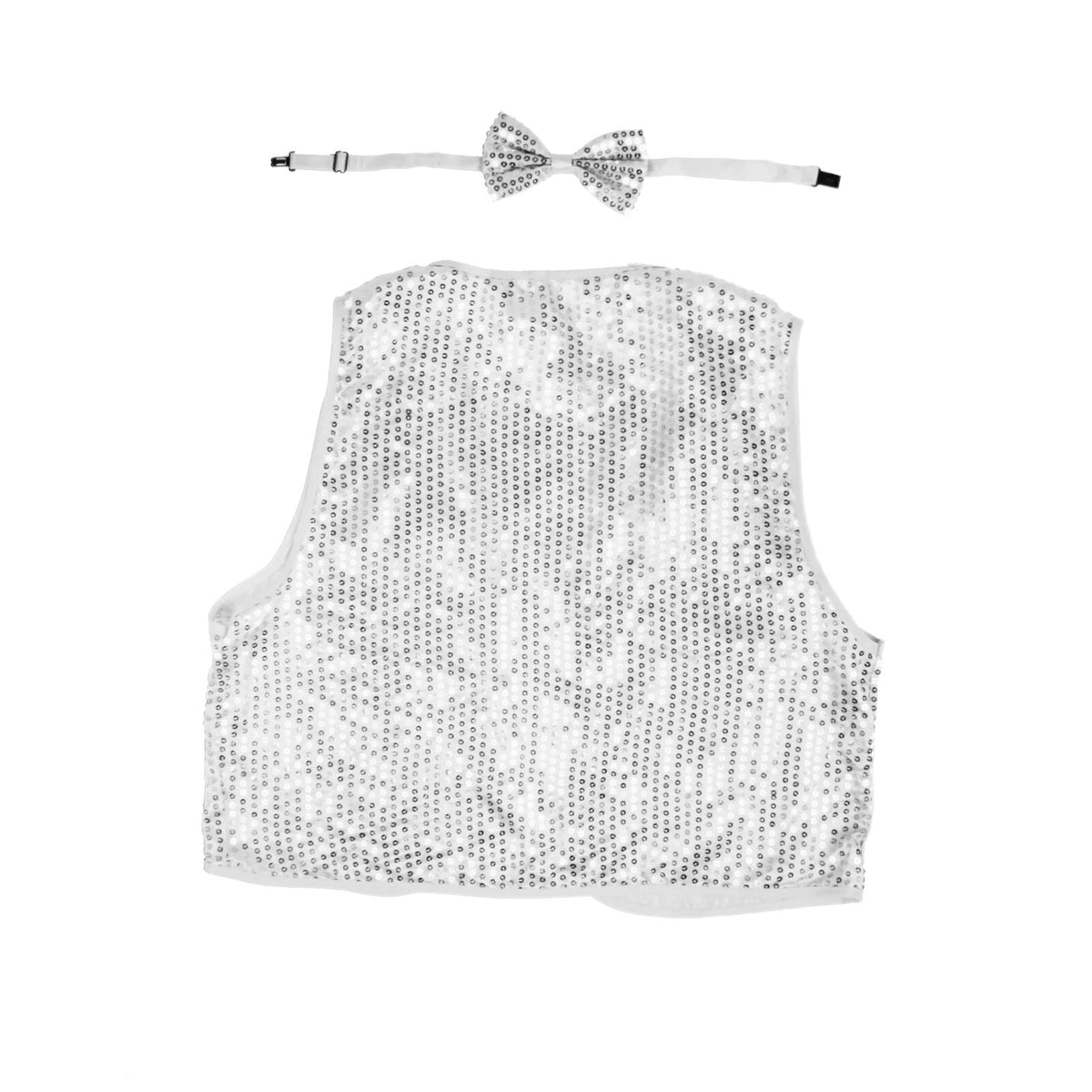 Kids Sequin Vest Bow Tie Set Costume 80s Party Dress Up Waistcoat - Silver