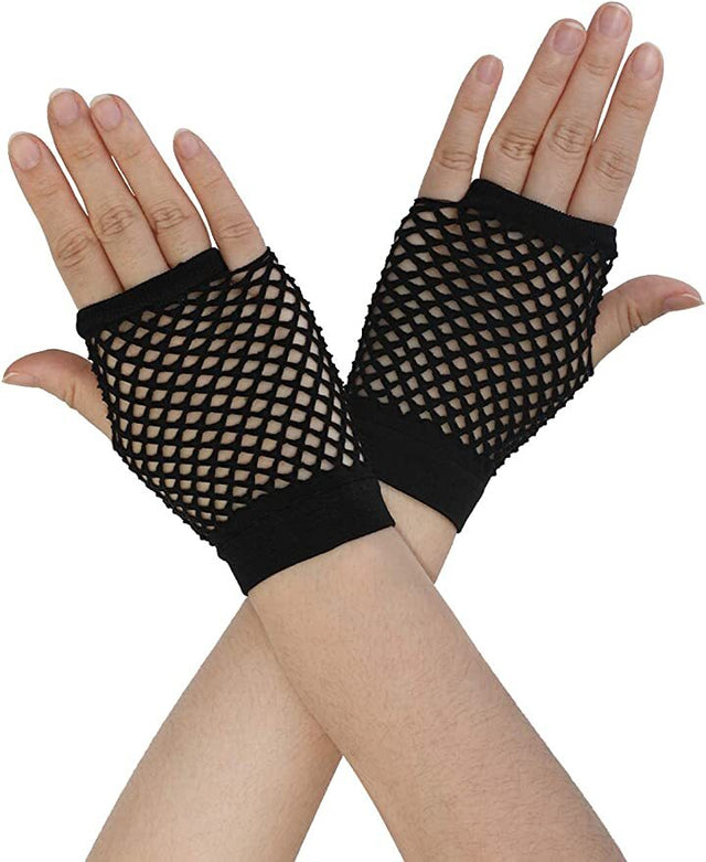 1 Pair Fishnet Gloves Fingerless Wrist Length 70s 80s Costume Party Dance Black