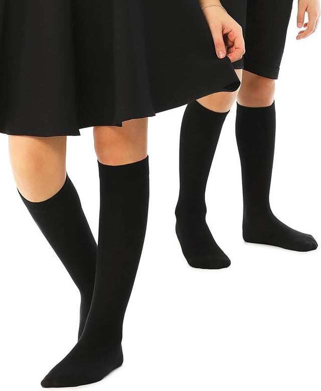 Knee High School Socks Girls Boys Plain Cotton Rich Kids Seam Black 6-11