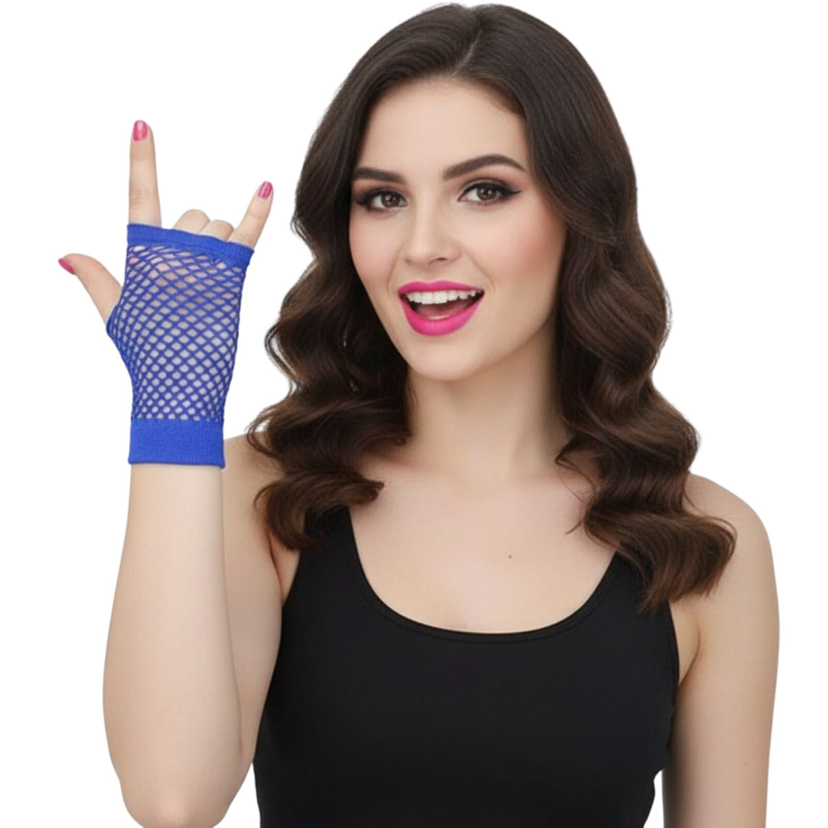 24 Pair Fishnet Gloves Fingerless Wrist Length 70s 80s Costume Party Bulk - Blue