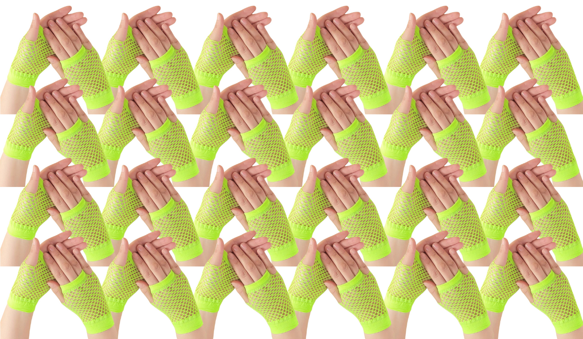 24 Pair Fishnet Gloves Fingerless Wrist Length 70s80s Costume Party Fluro Yellow