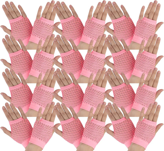 24 Pair Fishnet Gloves Fingerless Wrist Length 70s 80s Costume Party Light Pink