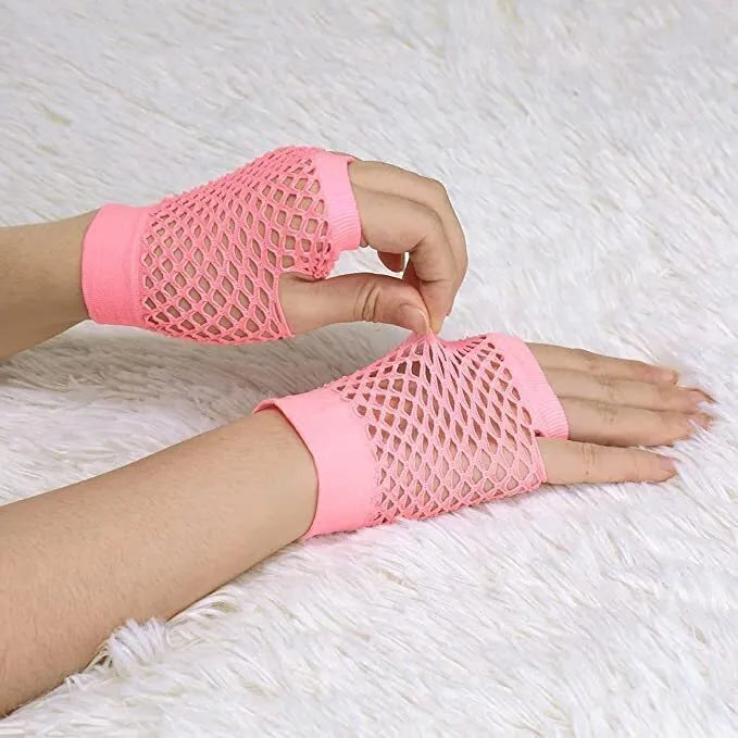 24 Pair Fishnet Gloves Fingerless Wrist Length 70s 80s Costume Party Light Pink
