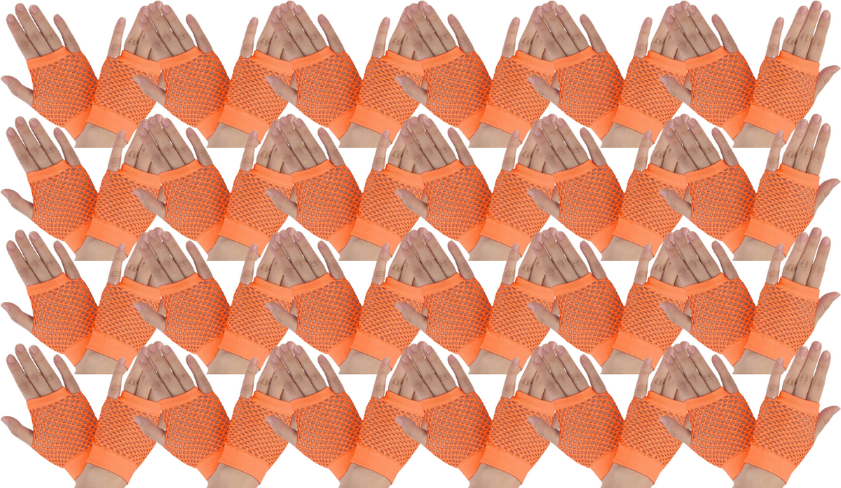 24 Pair Fishnet Gloves Fingerless Wrist Length 70s 80s Costume Party - Orange