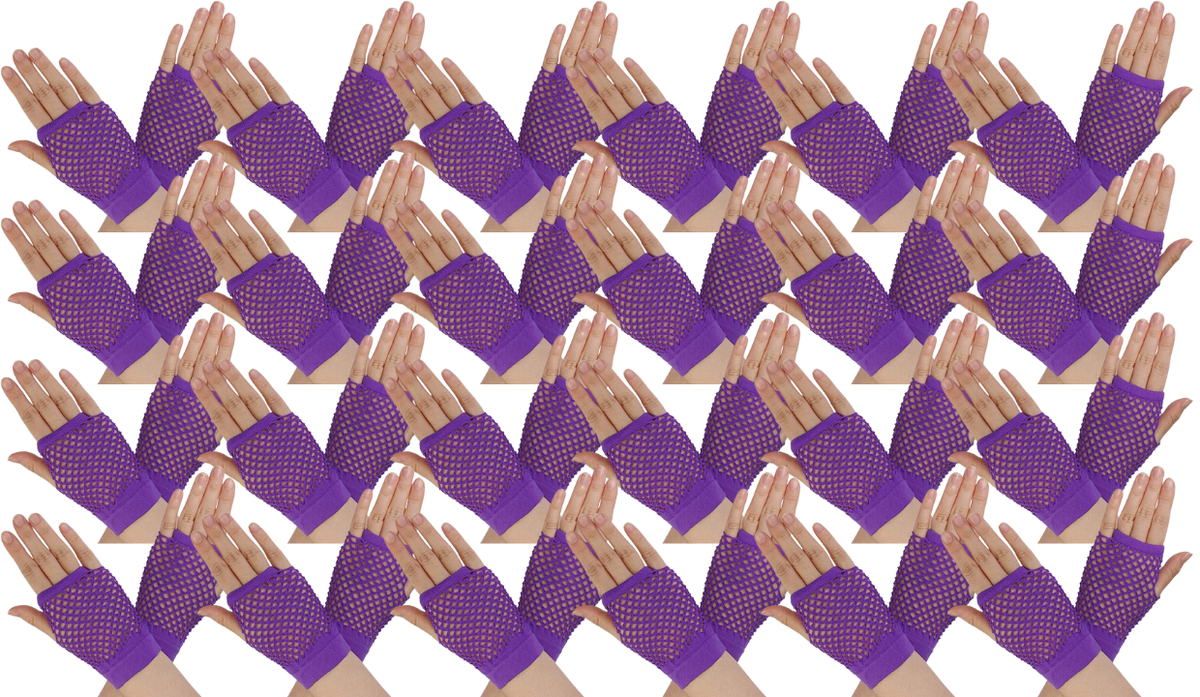 24 Pair Fishnet Gloves Fingerless Wrist Length 70s 80s Costume Party - Purple