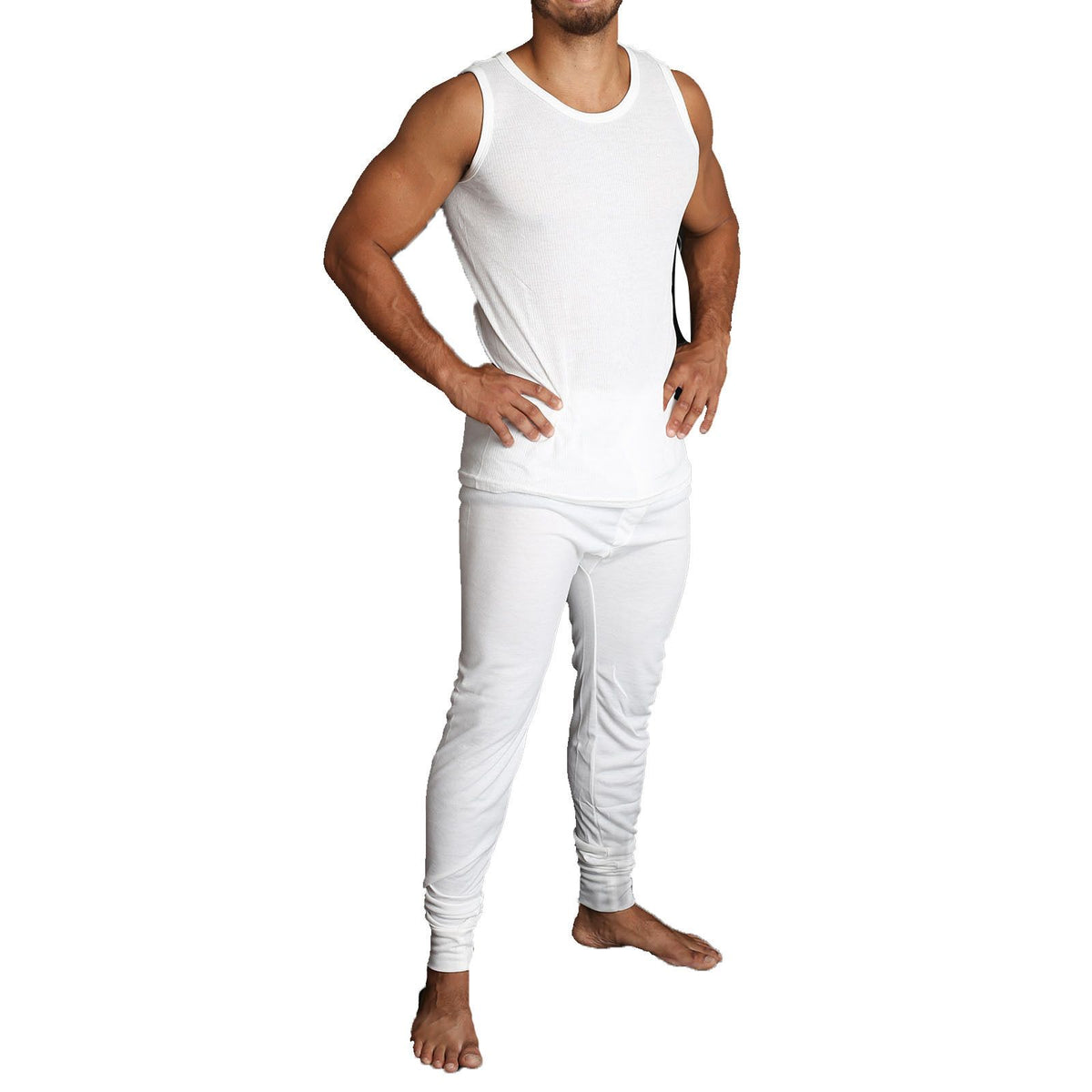 2pcs Set Mens Merino Wool Blend Thermal Singlet Top & Pants Underwear Thermals - Beige - XXL