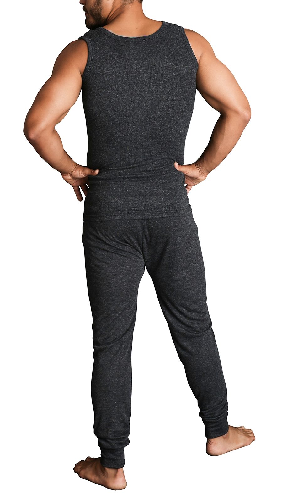 2pcs Set Mens Merino Wool Blend Thermal Singlet Top & Pants Underwear Thermals - Black - XL