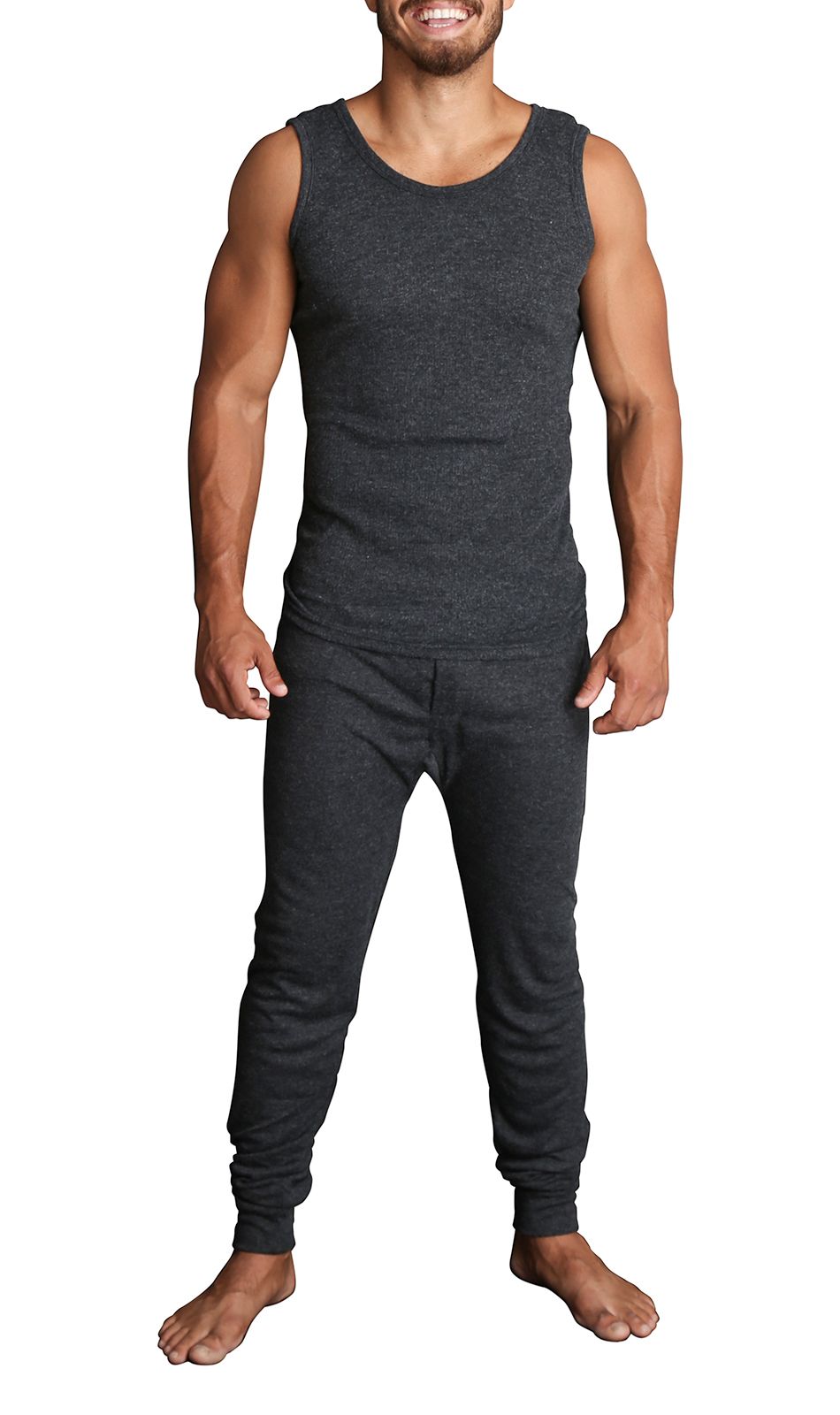 2pcs Set Mens Merino Wool Blend Thermal Singlet Top & Pants Underwear Thermals - Black - XXL