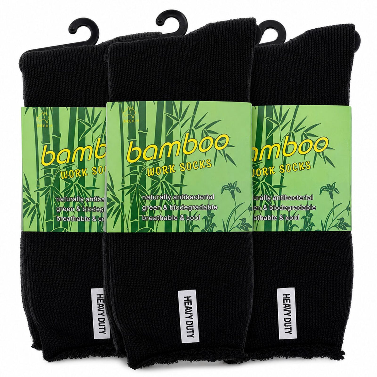 3 Pairs Mens Bamboo Rich Work Socks Thick Cushioned Anti Odour - Black - 11-14