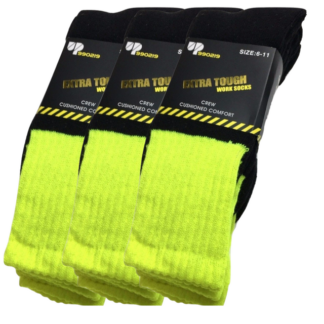 3x Pairs HI VIS SOCKS Workwear Work Safety Tradie Visibility Fluro Yellow 6-11