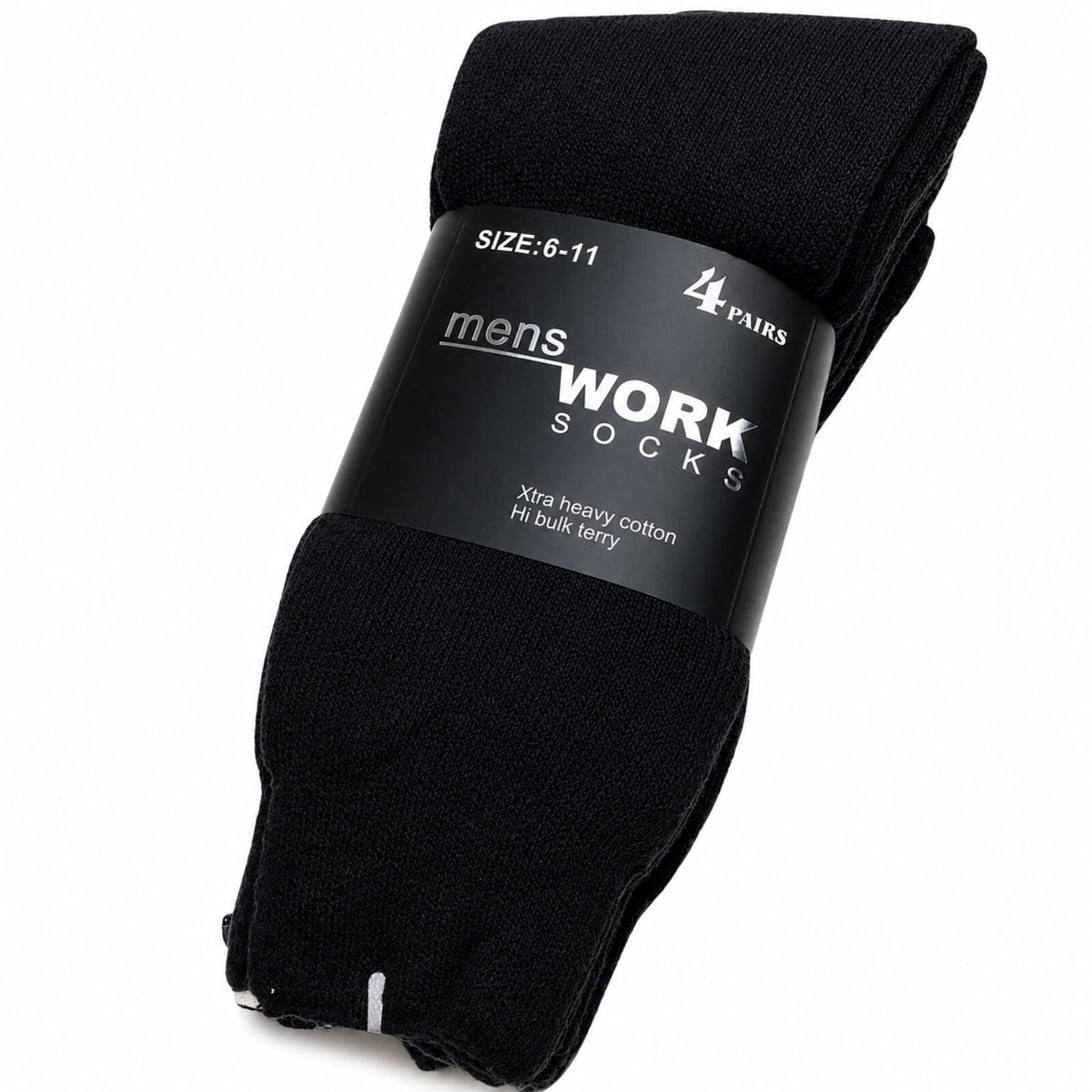 4 Pairs Mens Heavy Duty Work Socks Terry Cotton Thick Warm Crew - Black - 6-11