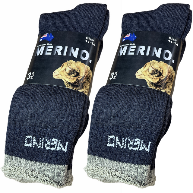6 Pairs MERINO WOOL SOCKS Mens Premium Thick Work Socks BULK Navy Blue 11-14