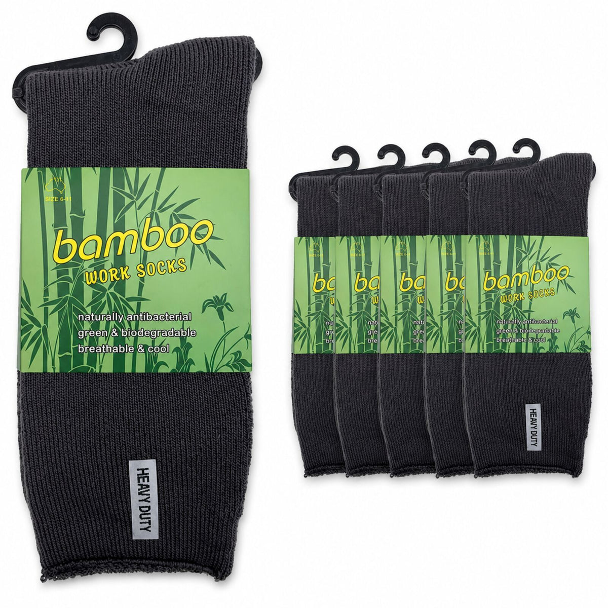 6 Pairs Mens Bamboo Rich Work Socks Thick Cushioned Anti Odour - Charcoal Grey - 11-14
