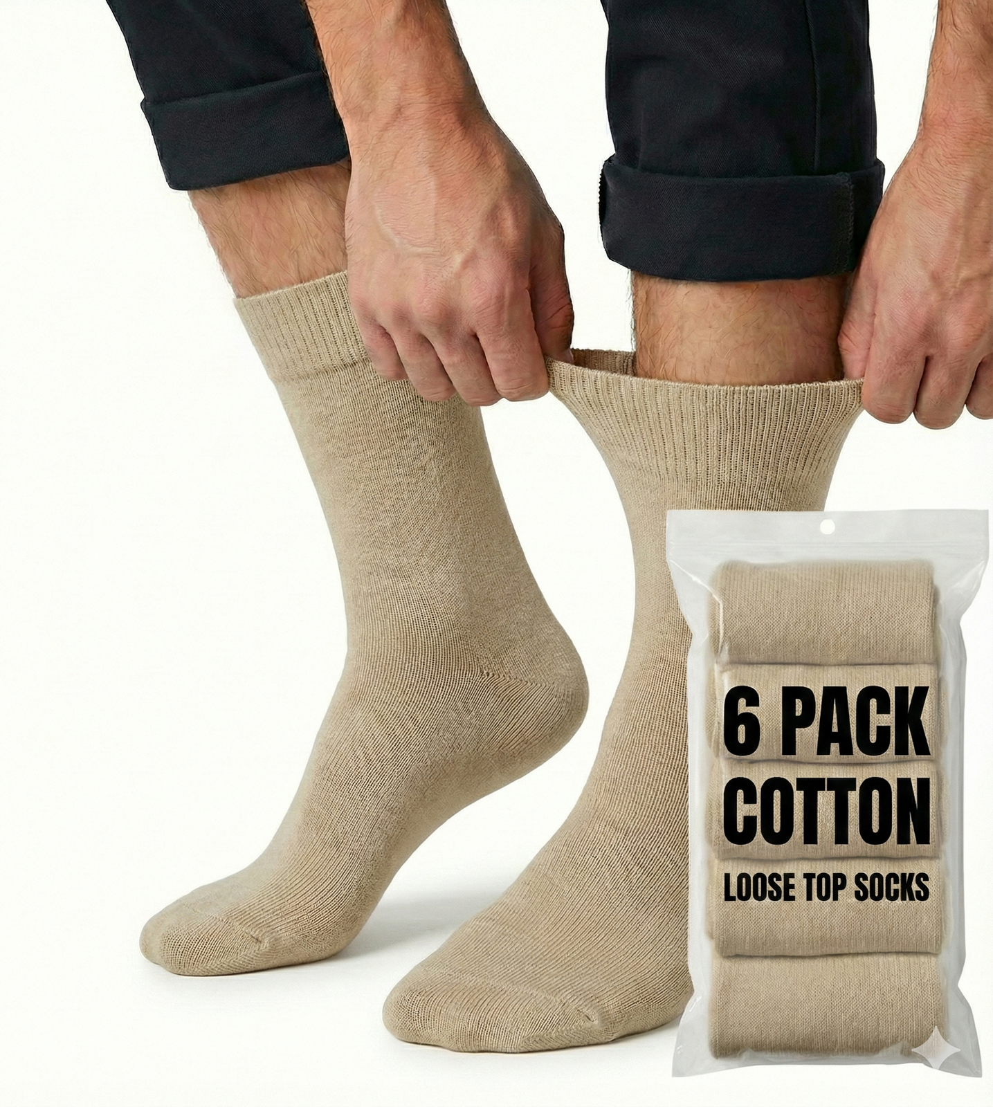 6x Pair COTTON Rich LOOSE TOP SOCKS Circulation Diabetic Comfort in Beige - 6-11