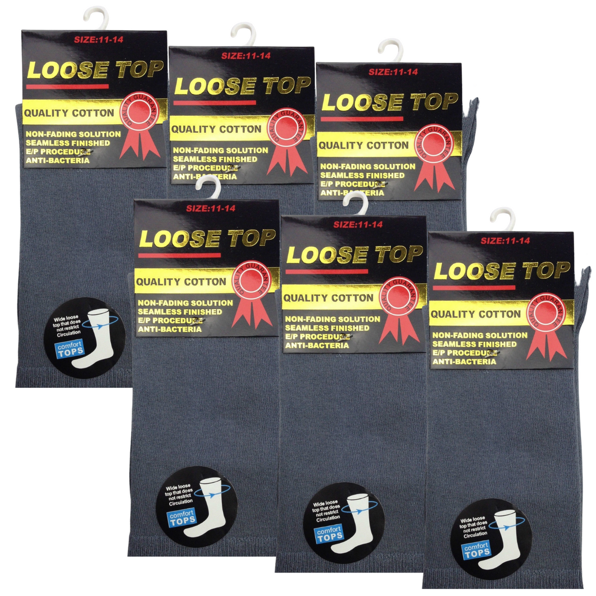 6x Pair COTTON Rich LOOSE TOP SOCKS Circulation Diabetic Comfort in Grey - 6-11