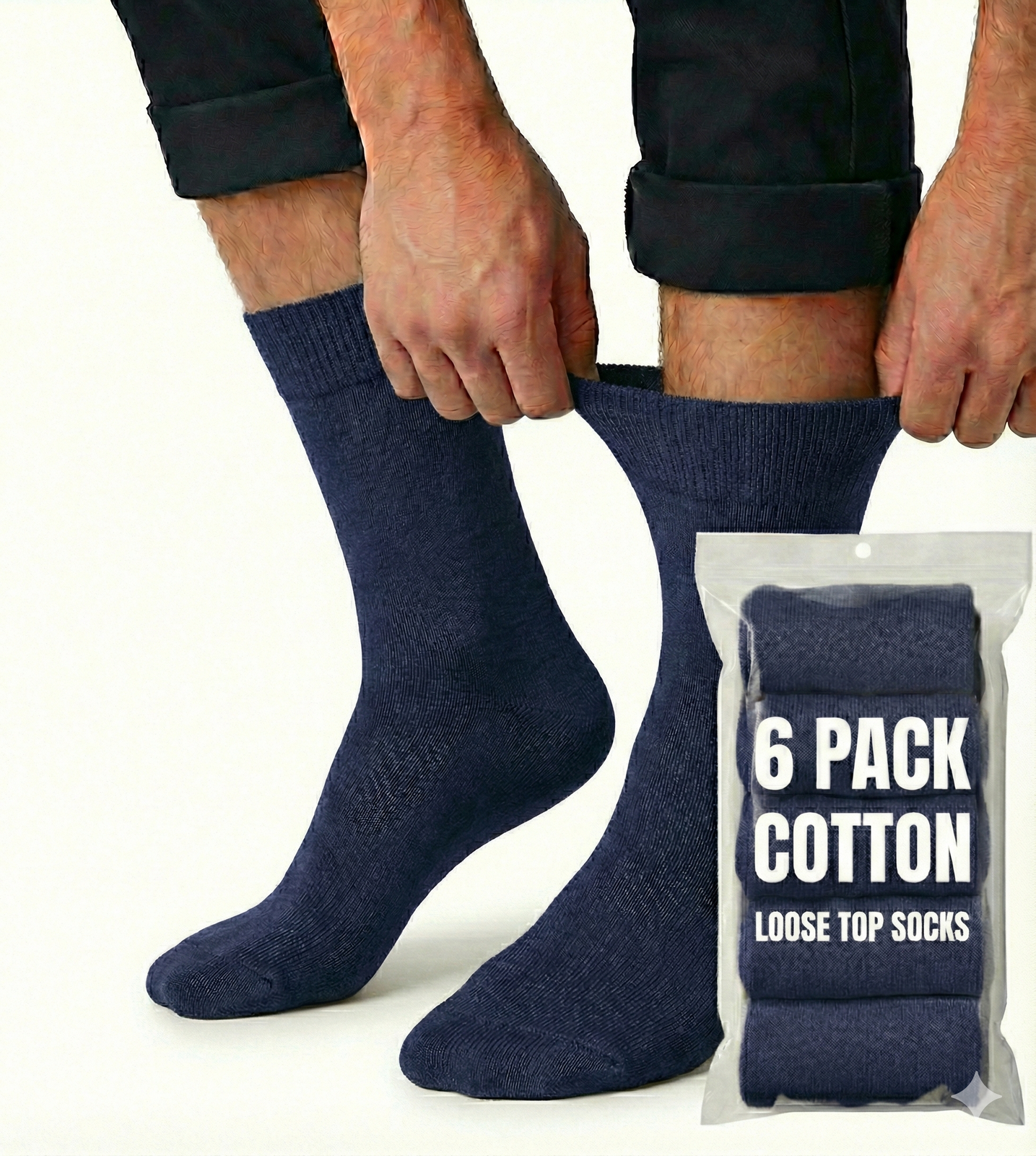 6x Pair COTTON Rich LOOSE TOP SOCKS Circulation Diabetic Comfort in Navy - 11-14