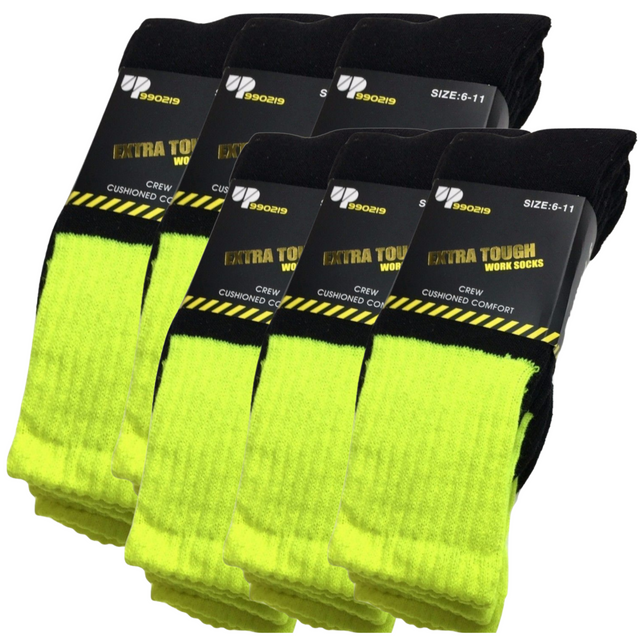 6x Pairs HI VIS SOCKS Workwear Work Safety Tradie Visibility Fluro Yellow 6-11
