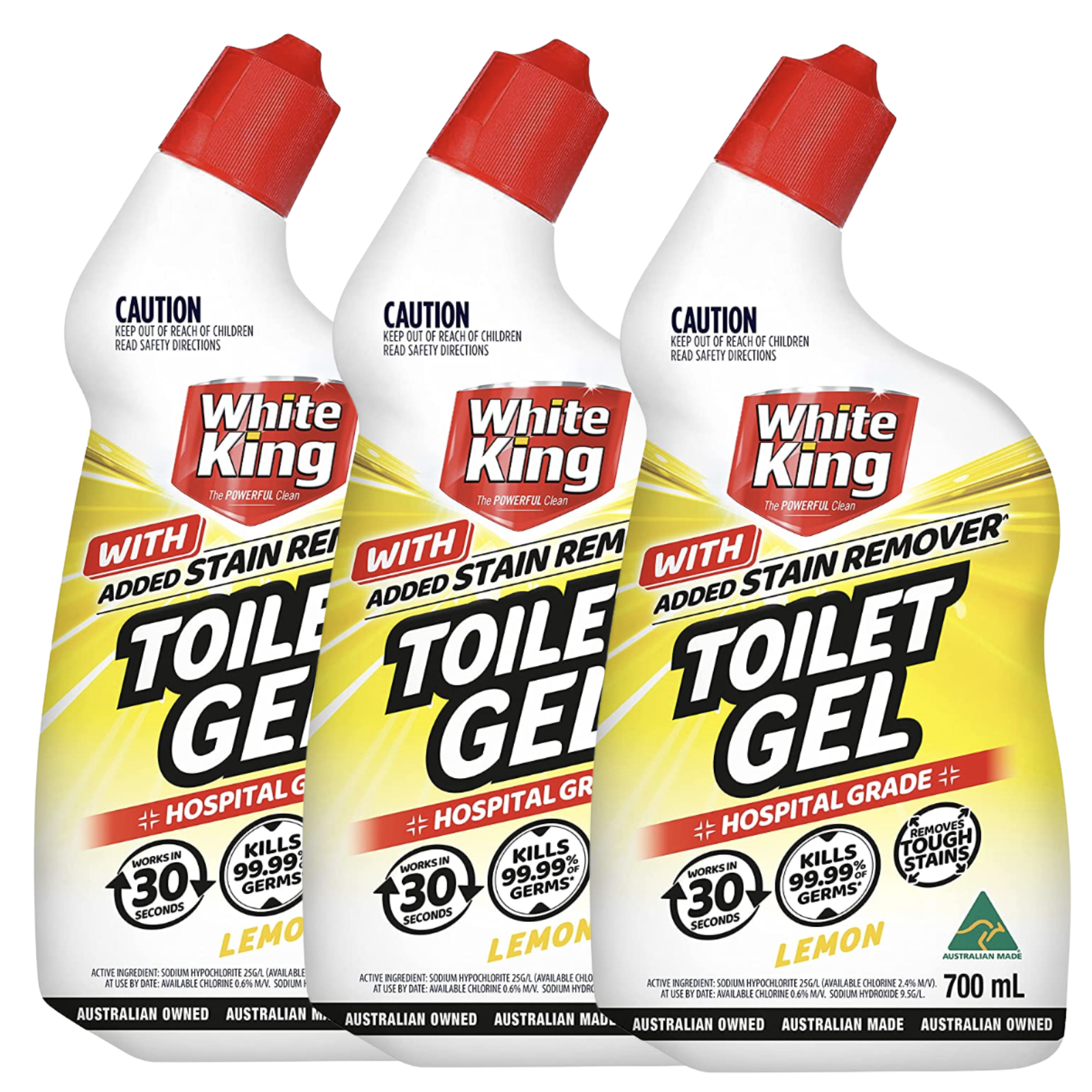3x White King Toilet Gel With Added Stain Remover Hospital Grade 700ml - Lemon