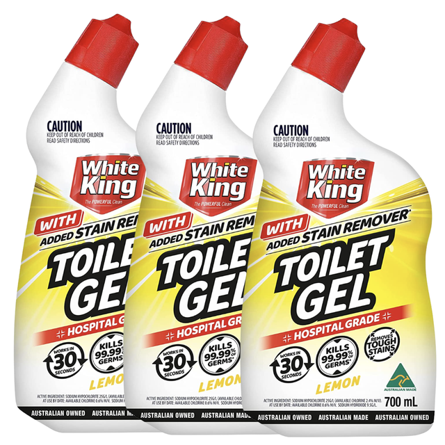 3x White King Toilet Gel With Added Stain Remover Hospital Grade 700ml - Lemon