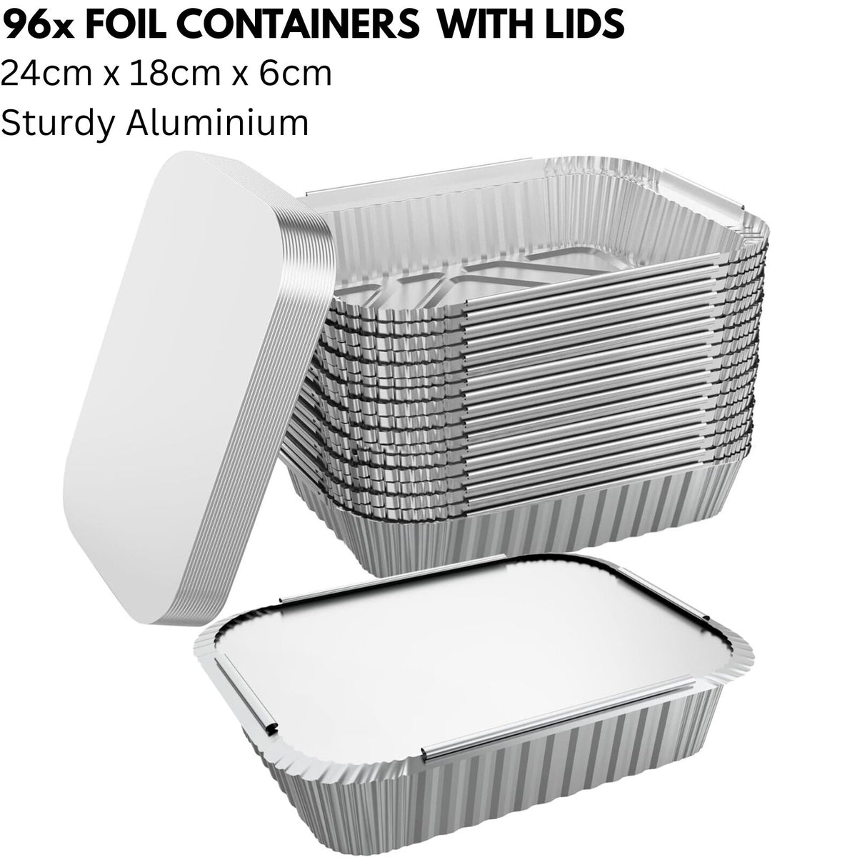 96x Aluminium Disposable Foil Food Container Trays Pans w/ Lids Covers Bulk 24cm*18cm*6cm