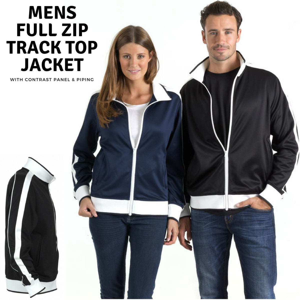 Identitee Mens Varsity Track Jacket Warm Winter Tracksuit Top Zip - Navy/White - S