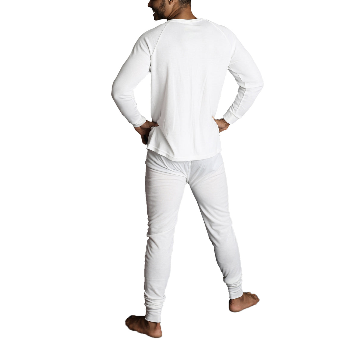 2pcs Set Mens Merino Wool Blend Long Sleeve Thermal Top & Long Johns Pants Underwear - Beige - S