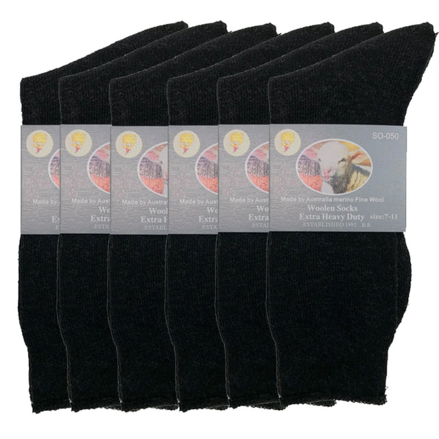 6 Pairs Merino Wool Blend Woolen Work Socks Hiking Warm Thermal Bulk Black 11-14