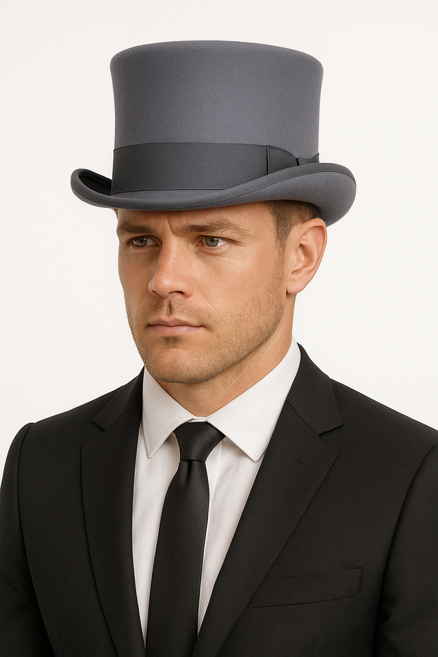 5.5 Premium Australian Wool Felt Top Hat w Satin Lining Mad Tuxedo in Grey 61cm