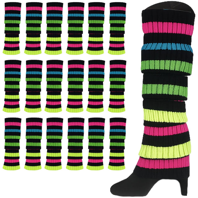 24x Womens Leg Warmers Disco Winter Knit Dance Crochet Rainbow Black Stripe