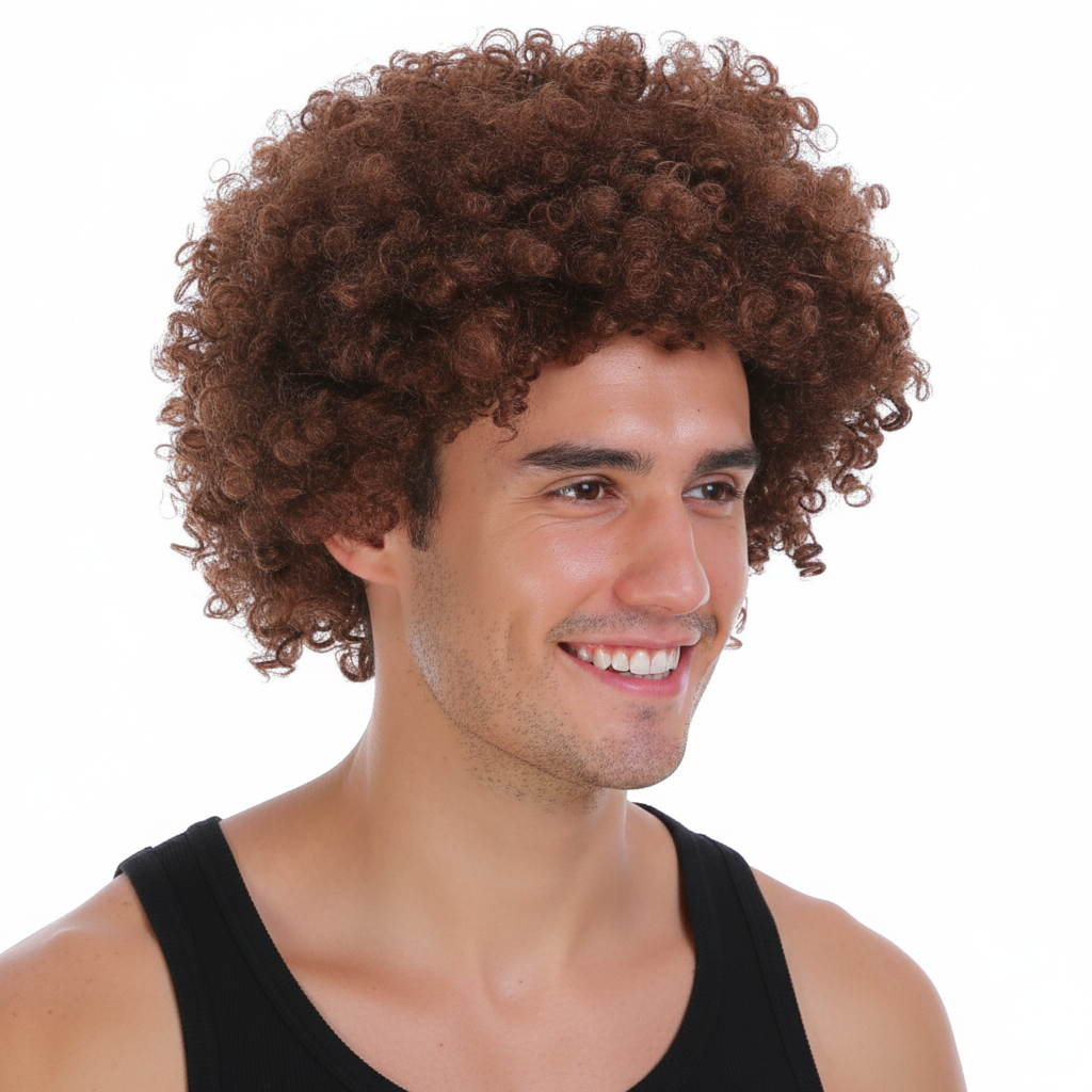 Mens DELUXE AFRO WIG Curly Hair Costume Party Fancy Disco 70s 80s Dress Up - Brown