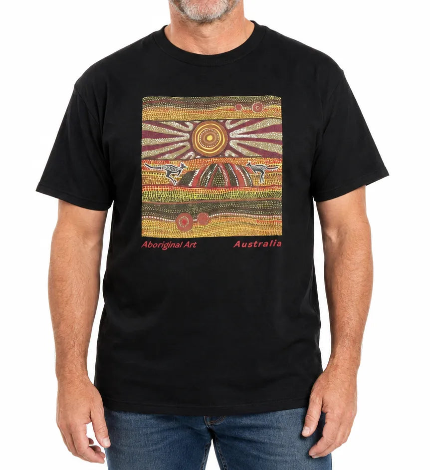 Mens Australia T Shirt Aboriginal Art 100% Cotton Souvenir Indigenous Tee in Black - M