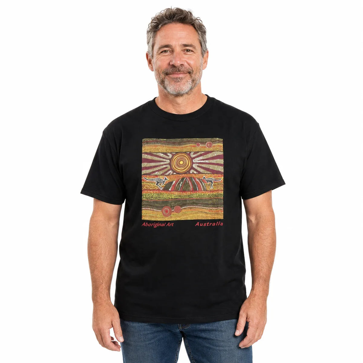 Mens Australia T Shirt Aboriginal Art 100% Cotton Souvenir Indigenous Tee in Black - M