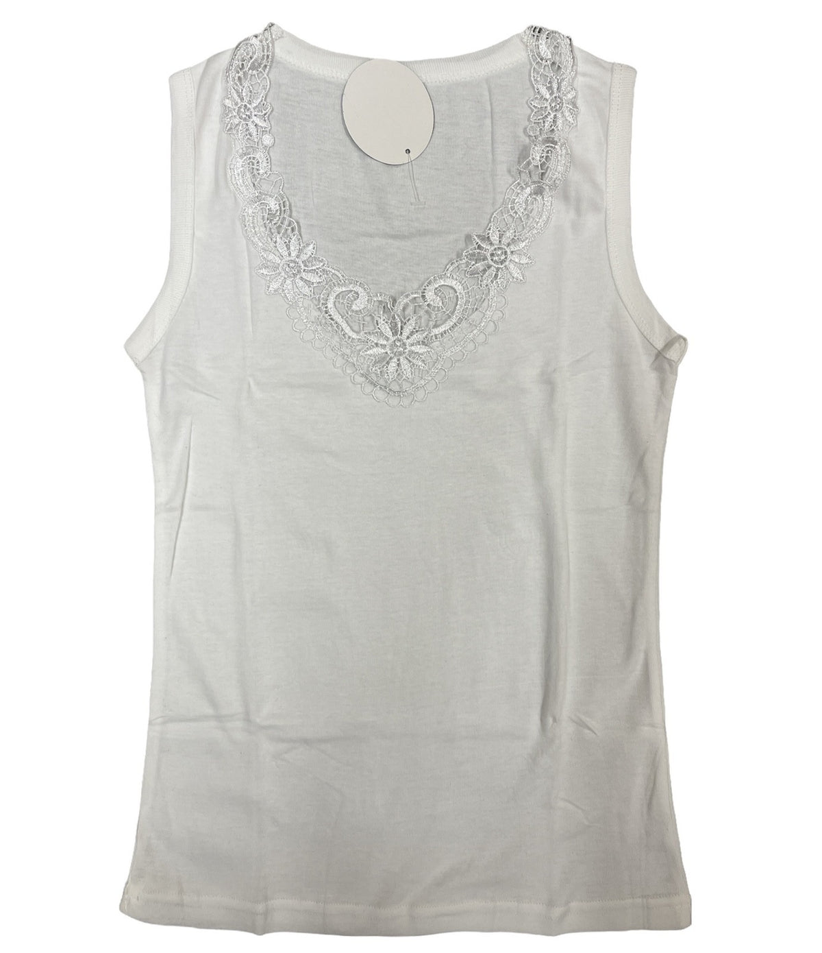 Ladies Sleeveless Singlet Top Womens Summer Basic Tank Shirt Lace Motif Front - Natural - 10-12