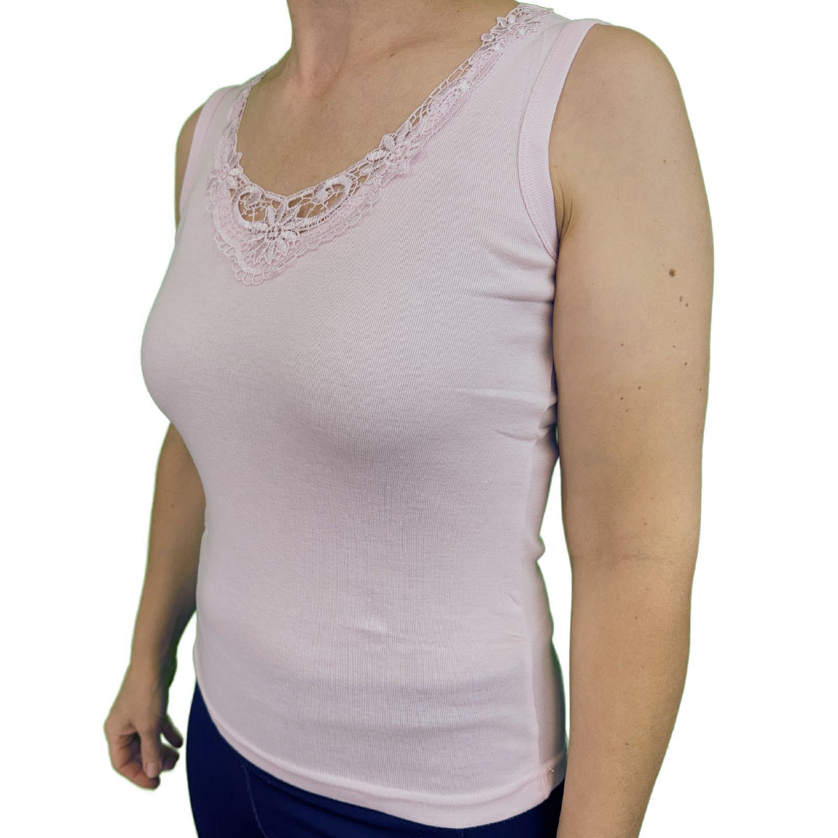 Ladies Sleeveless Singlet Top Womens Summer Basic Tank Shirt Lace Motif Front - Pink - 16-18