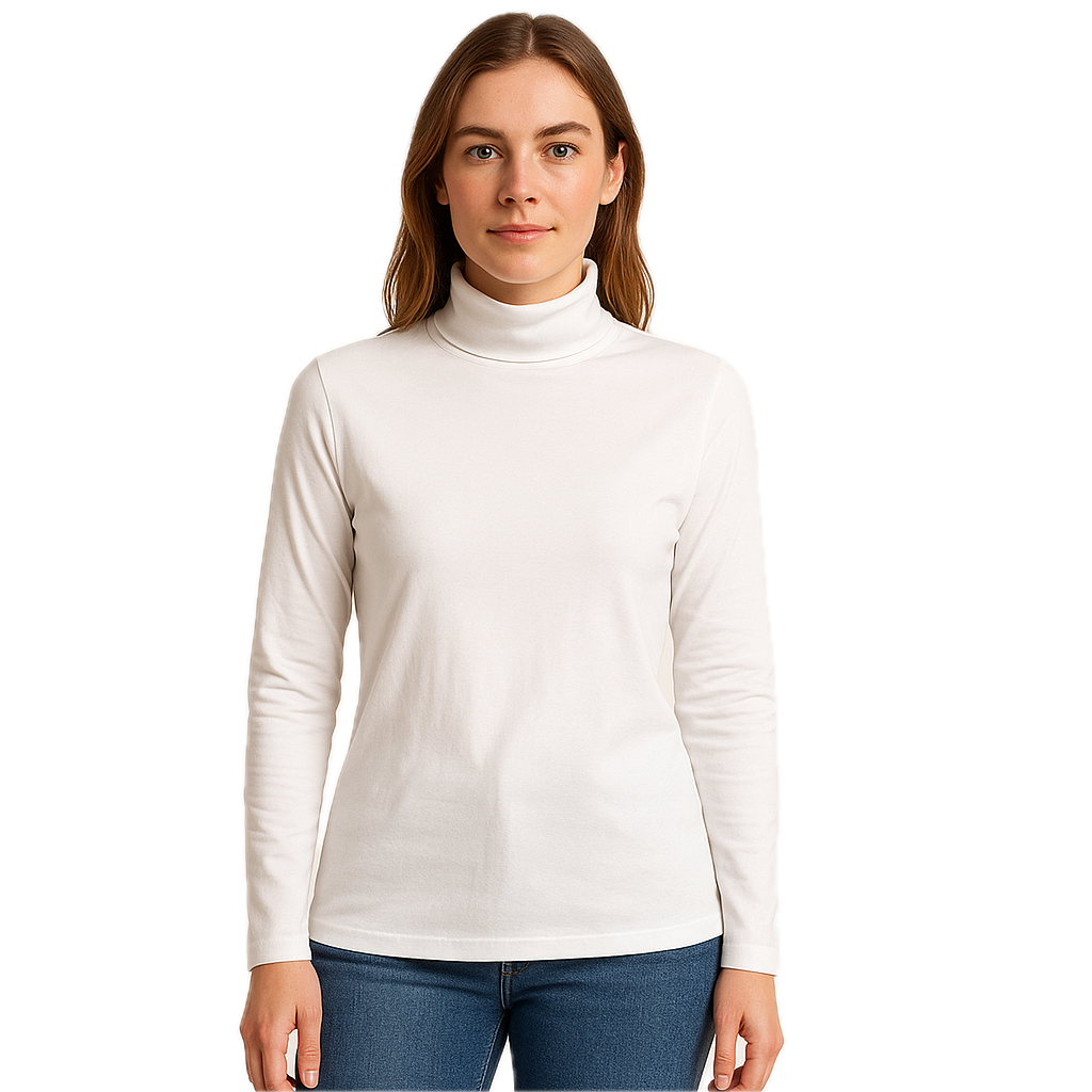Ladies SKIVVY Womens Long Sleeve Plain Top Warm Turtleneck Cotton High Neck in White - L