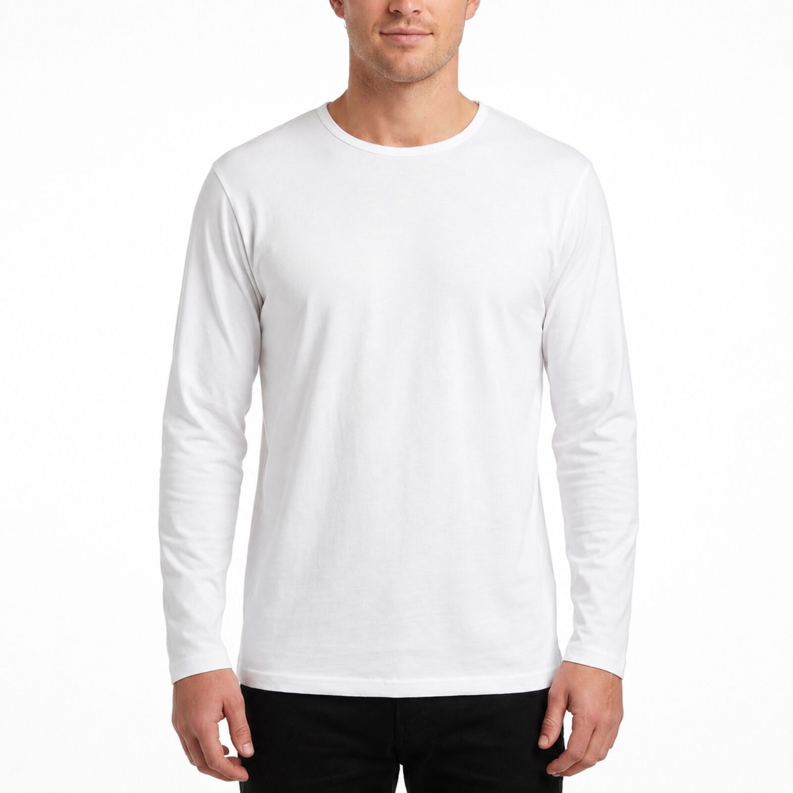 Mens 100% Cotton Long Sleeve T Shirt Plain Basic Slim Fit Tee Casual Top - White - XL