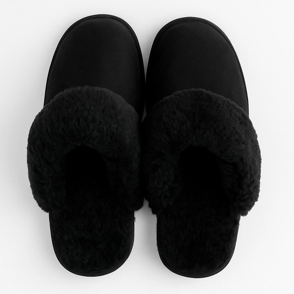 Sheepskin Wool Womens Slippers Scuffs Slip On Winter Ugg Slippers in Black - 7