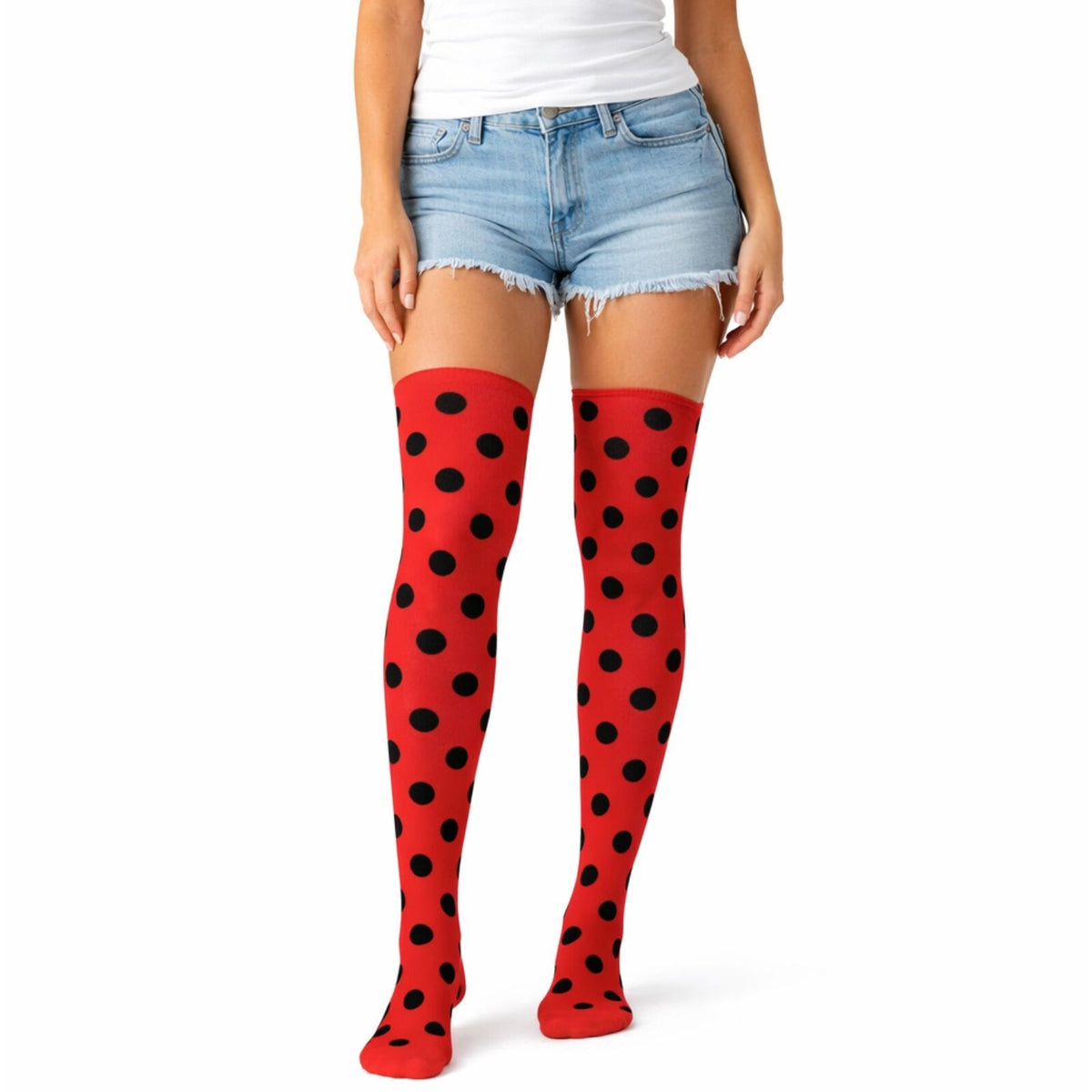 Over Knee Stay Up Stockings Hosiery Party Costume Socks - Ladybug Polka