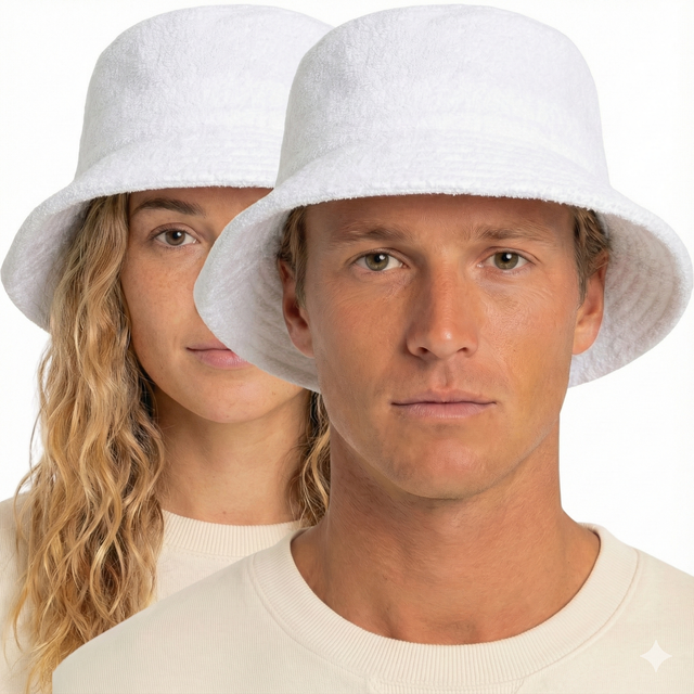 100 Cotton Terry Towelling Bucket Hat Daggy Fishing Camping Cap in White Small