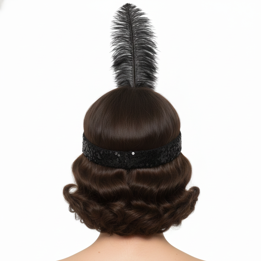 WIDE FLAPPER HEADBAND Feather Sequin Costume Gatsby Charleston Headpiece 1920s - Black
