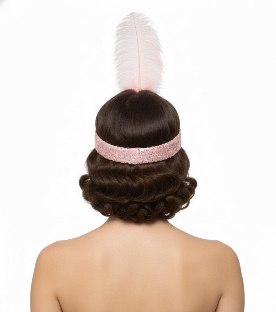 WIDE FLAPPER HEADBAND Feather Sequin Costume Gatsby Charleston Headpiece 1920s - Light Pink